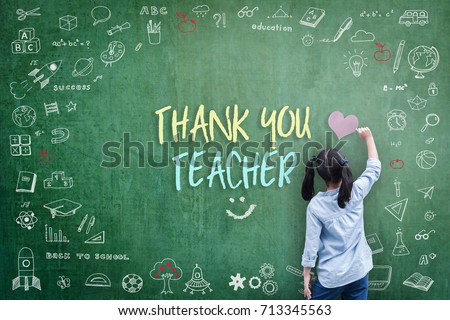 Thank You Teacher greeting card for World teacher's day concept with school student back view drawing doodle of of learning education graphic freehand illustration icon on green chalkboard Royalty-Free Stock Photo #713345563