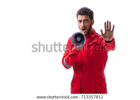 Young repairman with a megaphone bullhorn isolated on white back