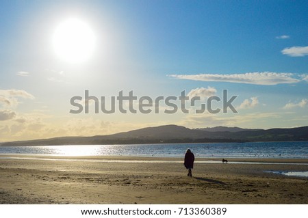 A Woman Walk Alone on Beach with a Dog. Solo outdoor activity concept. Sunset Reflection on the Sea with Blue Sky & Cloud as Background.