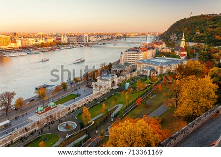 Amazing aerial view of Castle garden, Varkert Bazar, Gellert Hill, Elisabeth Bridge and the Danube River from Buda Castle, Budapest, Hungary. Royalty-Free Stock Photo #713361169