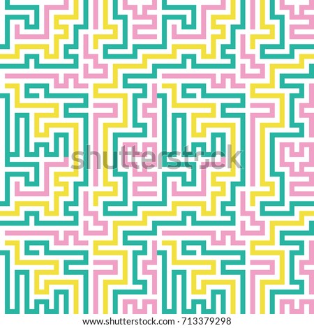 Seamless meandering  lines, technology background, 80-s style, geometric print in yellow, green and pink color, digital vector illustration
