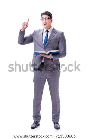 Businessman student reading a book isolated on white background