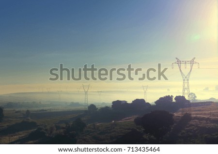 Sunrise over the fields in fog in summer with electricity poles