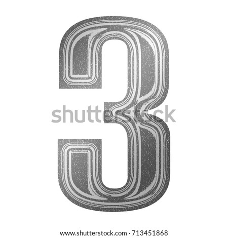 Dark gray newsprint paper textured number three 3 in a 3D illustration with a vintage newspaper style and bold text font isolated on a white background with clipping path.