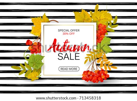 Autumn sale poster with bright colorful leaves, sheet of white paper with lettering. Vector illustration on striped background