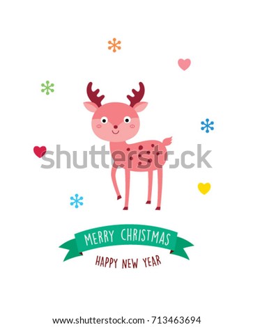 cute reindeer merry christmas and happy new year greeting vector