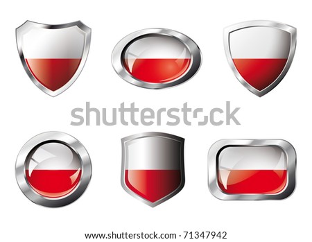 Poland set shiny buttons and shields of flag with metal frame - vector illustration. Isolated abstract object against white background.