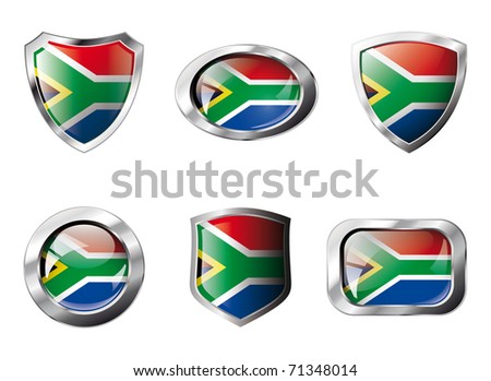 South africa set shiny buttons and shields of flag with metal frame - vector illustration. Isolated abstract object against white background.
