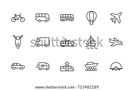 Set of Public Transport Related Vector Line Icons. Contains such Icons as Bus, Bike, Scooter, Car, balloon, Truck, Tram, Trolley, Sailboat, powerboat, Airplane and more. Editable Stroke. 32x32 Pixel Royalty-Free Stock Photo #713482189