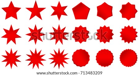 Collection of trendy retro stars shapes. Sunburst design elements set. Bursting rays clip art. Red sparkles. Best for sale sticker, price label, quality sign. Isolated on white.