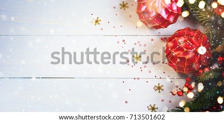 Christmas Ornament On Wooden Background With Snowflakes,  Merry Christmas and Happy New Year