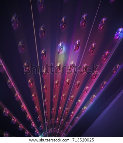 Abstract background for technology projects in vector. Digital purple cover like perspective tunnel. Virtual glow elements in motion. 