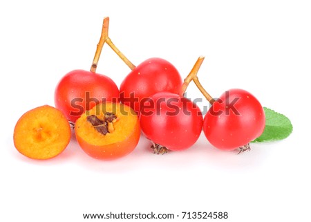 red rowan with slice and green leaf isolated on white background. macro