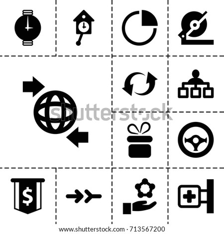 Circle icon. set of 13 filled circle icons such as present, structure, circular saw, medical cross, qround the globe, update, pie chart, steering wheel, arrow, wrist watch