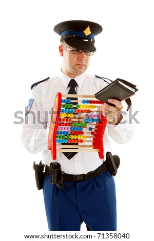 Dutch police officer is counting vouchers quotas with abacus over white background