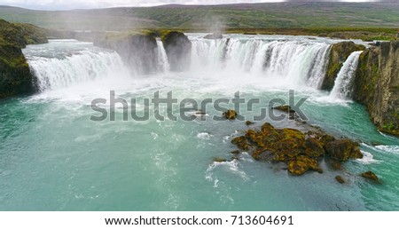 Skyview of Godafoss (Goðafoss) waterfall. It  one of the spectacular waterfalls in Iceland. Skjálfandafljót River segmented into two main components while forming a semi-horseshoe shape arch. 