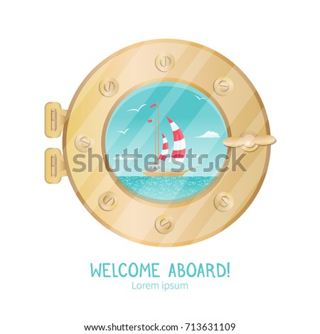 Beautiful vessel view thru porthole of cruise yacht.  All objects are conveniently grouped and located on separate layers.