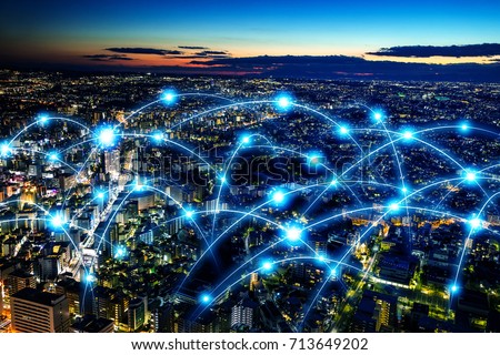 Smart city and telecommunication network concept. abstract mixed media. Royalty-Free Stock Photo #713649202