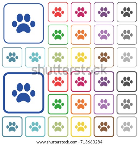 Paw prints color flat icons in rounded square frames. Thin and thick versions included.