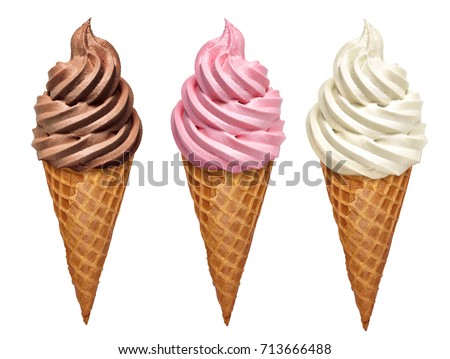 Strawberry, vanilla and chocolate soft ice creams or frozen custard in cone isolated on white background