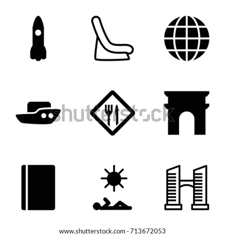 Travel icons set. set of 9 travel filled and outline icons such as passport, arc de triomphe, boat, restaurant, man laying in sun, globe, rocket, bridge