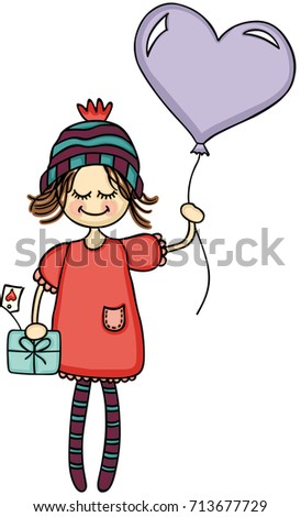 Adorable girl with heart balloon and gift
