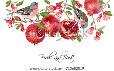 Vector illustration with birds on a pomegranate branch with fruits and flowers isolated on white. Design element for wedding, birthday, halal cosmetics. Can be used for poster, invitation or scrapbook Royalty-Free Stock Photo #713682019