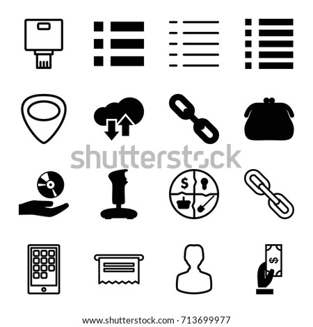 App icons set. set of 16 app filled and outline icons such as payment, menu, cd on hand, download upload cloud, marketing, guitar mediator, camera, calendar on phone, joystick