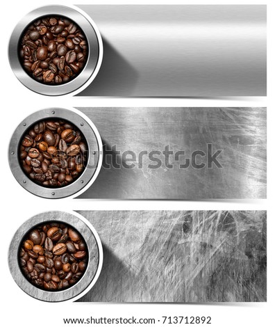 Three horizontal web banners with roasted coffee beans, metal background and copy space. Isolated on white