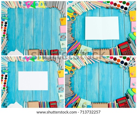 Set of school supplies frames on different background