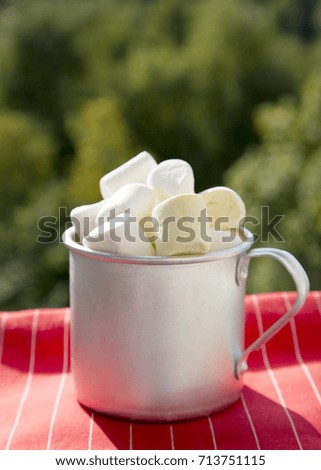 Metal Cup Drink Marshmallows Outdoor Scene Nature Background Light Effect