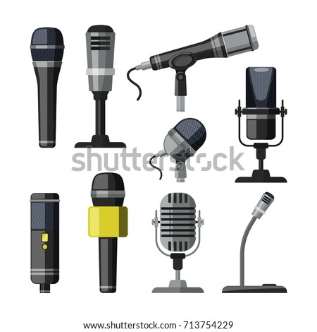Recorder, microphone and dictaphone for reporters. Vector illustrations in cartoon style microphone equipment and dictaphone for record multimedia