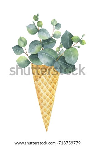 Watercolor creative hand painted bouquet from green leaves of eucalyptus in a waffle cone. Illustration for greeting cards, wedding invitations, prints for t shirts and posters.