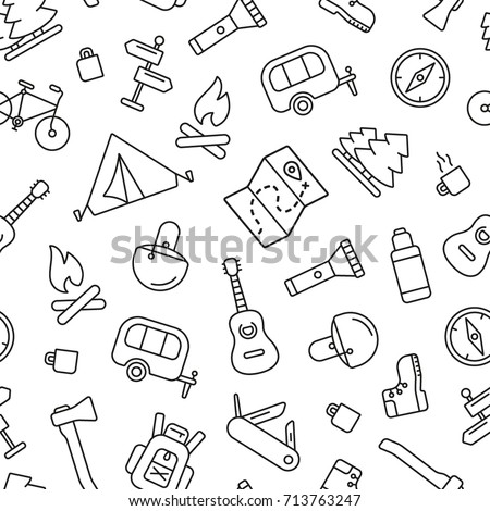 Camping trip seamless pattern. Tiling textures with thin line black and white icon set
