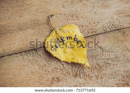 Yellow leaf with the inscription SEPTEMBER on the old wooden background.