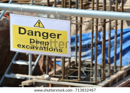 Safety signage "Danger - Deep Excavation" at the construction site. Safety signage used to make sure workers aware activities ahead and to avoid accident happen. 