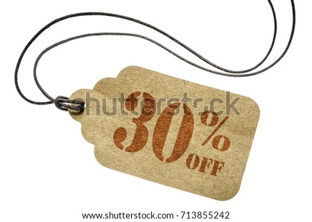 thirty percent off discount  - a paper price tag with twine isolated on white