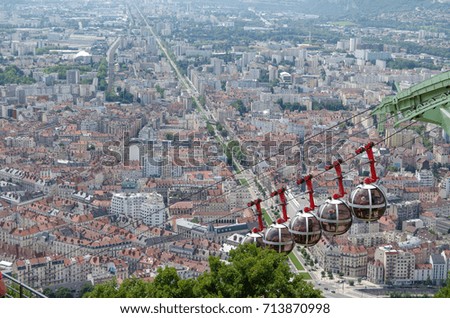 Aerial view of Grenoble from the Fort de Bastille with the cable car