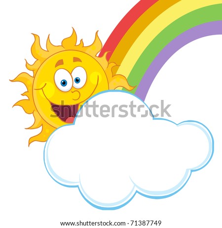 Happy Sun Hiding Behind Cloud And Rainbow