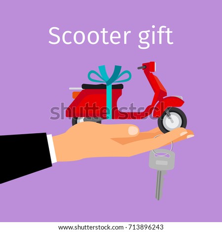Man holding in hand on palm scooter with blue ribbon. Scooter gift concept, vector illustration