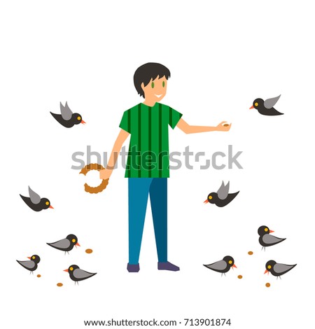 Colorful illustration set of different cartoon characters in modern flat style. Happy boy with birds. Vector design.