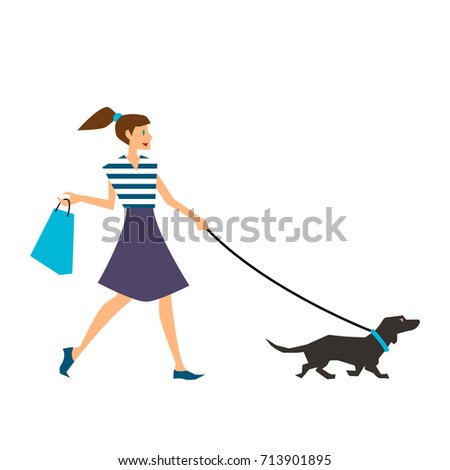 Colorful illustration set of different cartoon characters in modern flat style. Happy woman with dog. Vector design.