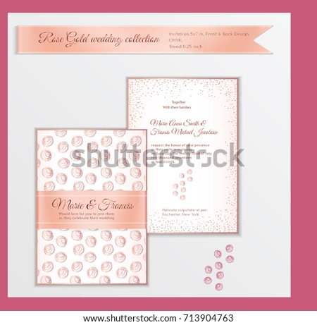 Luxury wedding invitation template with rose gold shiny realistic ribbon. Back and front card layout with pink golden pattern on white. Isolated. Design for bridal shower, save the date, banner.
