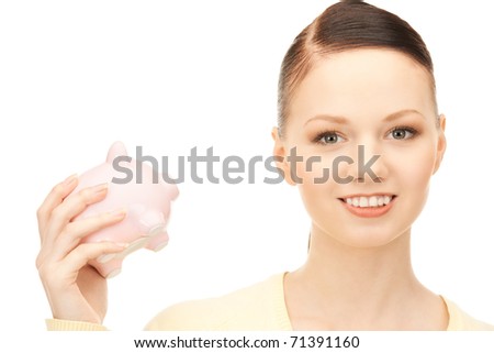 picture of lovely woman with piggy bank	