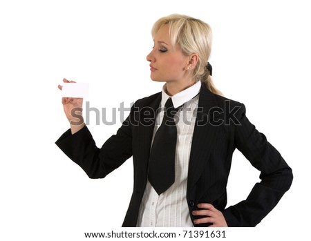Blonde girl shows a blank card against white background.