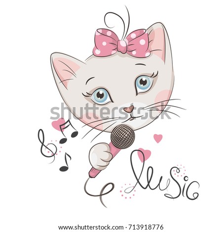 Hand drawing illustration with cute little kitten with ribbon bow  and microphone. Meow. Isolated.