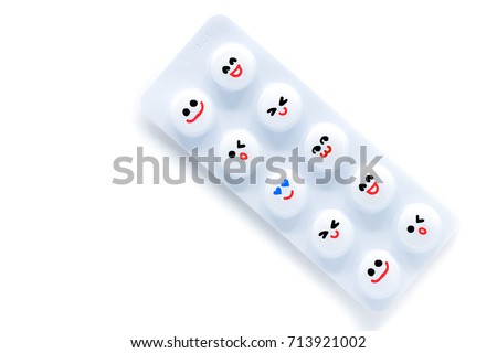 Medicine cute happy friends tablet pills isolated on white background.Concept get well soon.Top view and flat lay. Natural color and selective focus.Copy space for text.