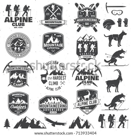 Set of mountain expedition badges with design elements. Vector. Concept for alpine club shirt or logo, print, stamp or tee. Design with mountaineers and mountain silhouette. Outdoors adventure emblems