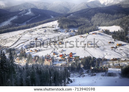 mountain views in the ski resort. Ski town in the lowlands.