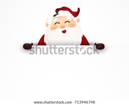 Cheerful, smiling Santa Claus standing behind a blank signboard, advertisement banner with copy space. cartoon illustration.